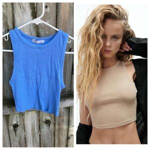 Zara sleeveless Ribbed T-shirt round neckline cotton spandex 3253/302/40 Blue M